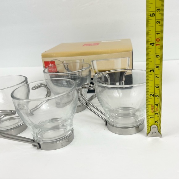 Expreso Cups Set of 4 3.5oz Cups Bormioli Rocco Brand Clear Glass Silver Handles - Picture 6 of 10